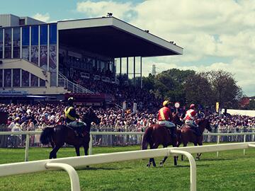 Horses racing past the grandstand at Worcester Racecourse.