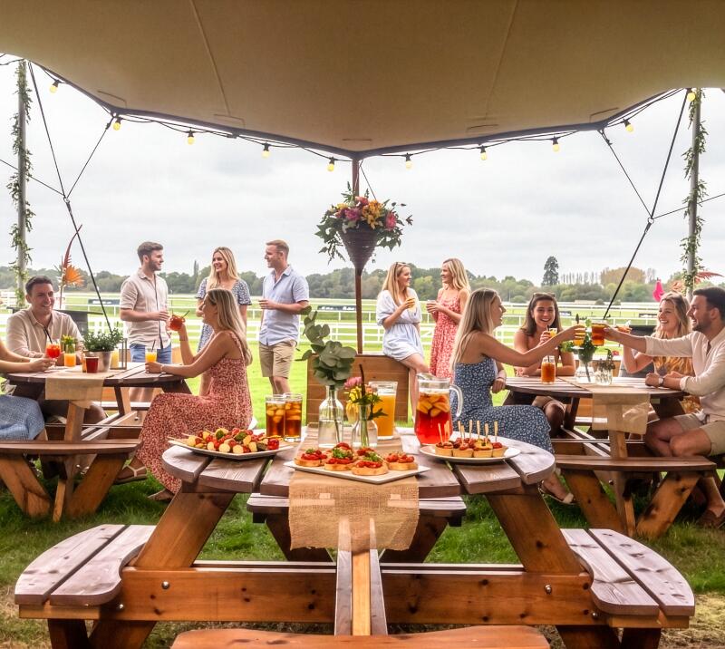 summer party, on stretch tent marquee, friends and drinking pimms and snacks