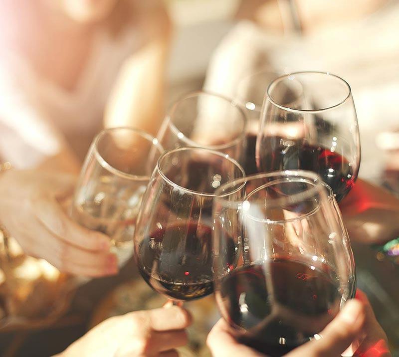 Friends raise their wine glasses in a toast to the season of good will.