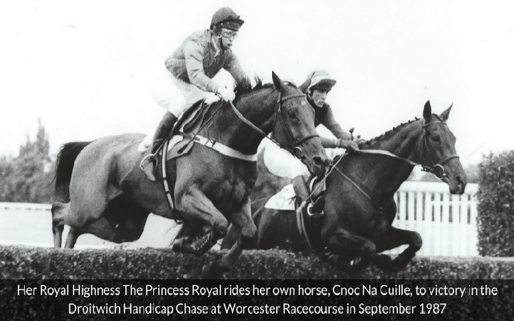 A Historic image from 1987 of HRH The Princess Royal riding her horse Cnoc Na Cuille at Worcester Racecourse.