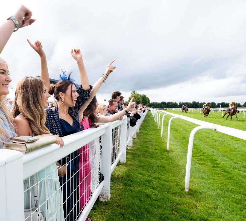 Race goers cheer at the trackside for the horses racing past at Worcester